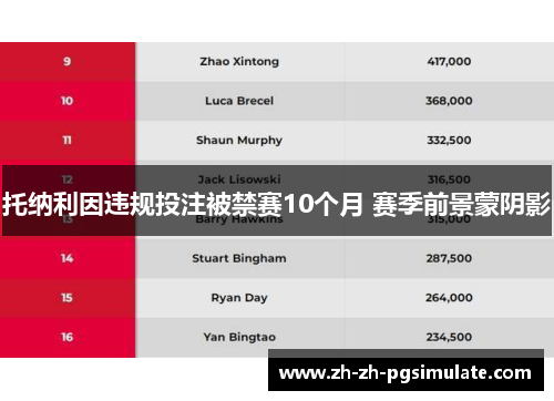 托纳利因违规投注被禁赛10个月 赛季前景蒙阴影